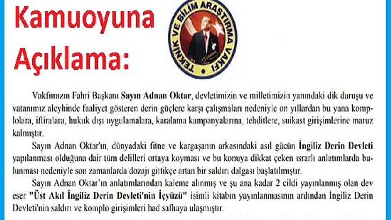 Teknik ve Bilim Araştırma Vakfı ile Milli Değerleri Koruma Vakfı Başkanı Tarkan Yavaş'tan kamuoyuna açıklama